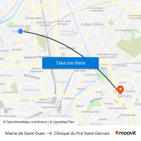 Mairie de Saint-Ouen to Clinique du Pré Saint-Gervais map