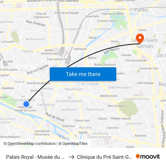 Palais Royal - Musée du Louvre to Clinique du Pré Saint-Gervais map