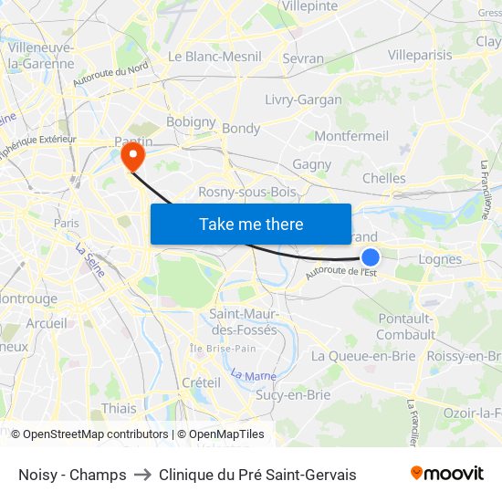 Noisy - Champs to Clinique du Pré Saint-Gervais map