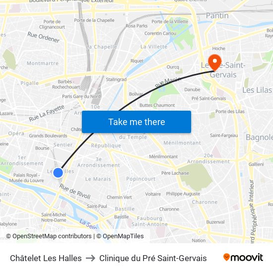 Châtelet Les Halles to Clinique du Pré Saint-Gervais map