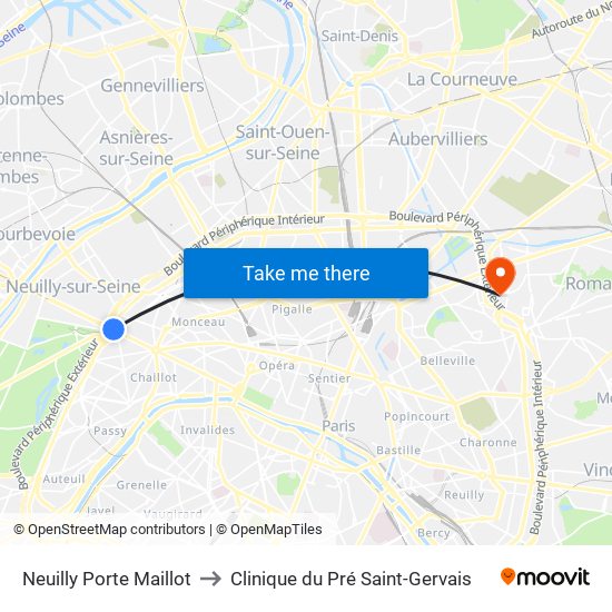 Neuilly Porte Maillot to Clinique du Pré Saint-Gervais map