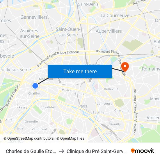 Charles de Gaulle Etoile to Clinique du Pré Saint-Gervais map