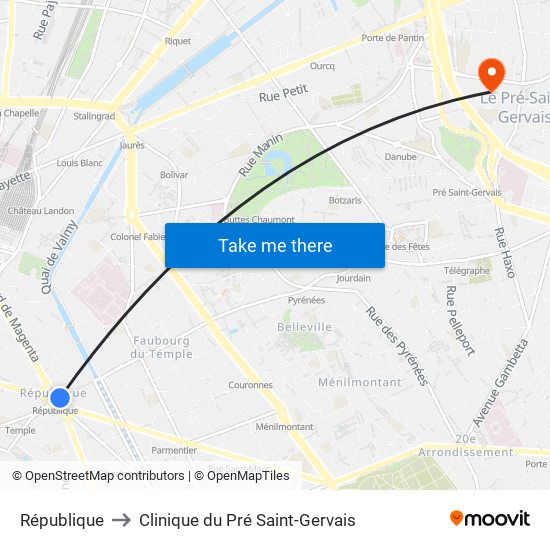 République to Clinique du Pré Saint-Gervais map