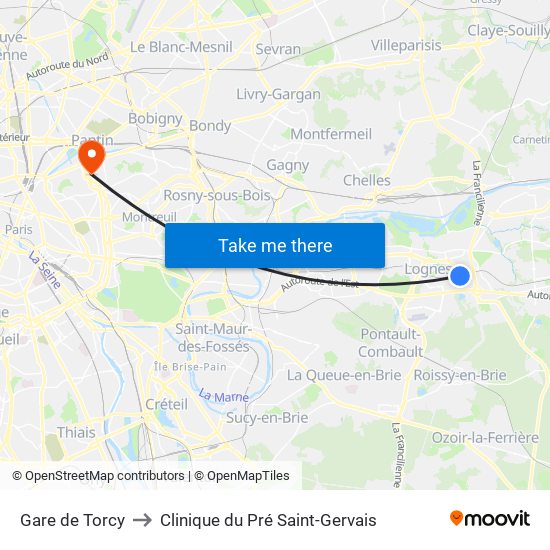 Gare de Torcy to Clinique du Pré Saint-Gervais map