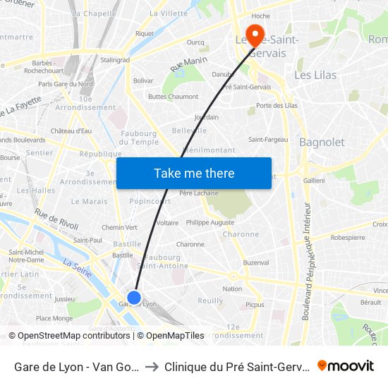 Gare de Lyon - Van Gogh to Clinique du Pré Saint-Gervais map