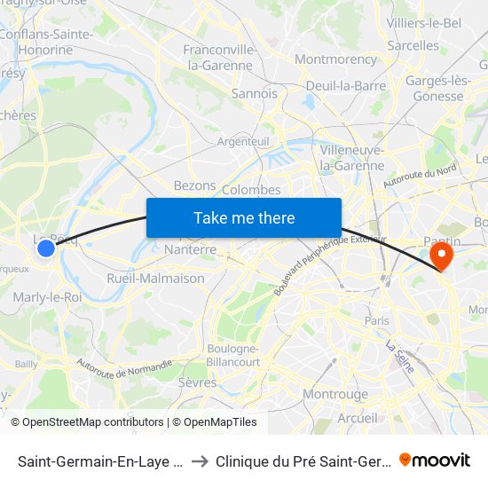 Saint-Germain-En-Laye RER to Clinique du Pré Saint-Gervais map
