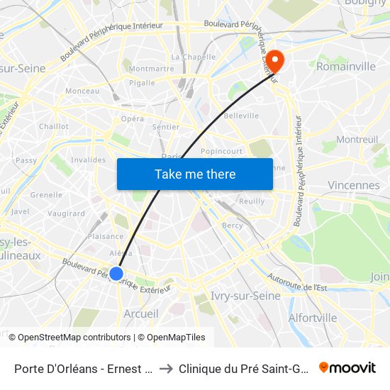 Porte D'Orléans - Ernest Reyer to Clinique du Pré Saint-Gervais map