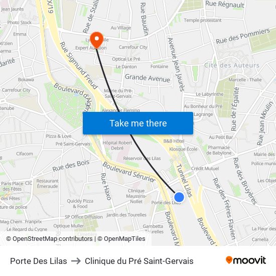 Porte Des Lilas to Clinique du Pré Saint-Gervais map