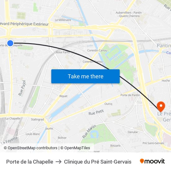 Porte de la Chapelle to Clinique du Pré Saint-Gervais map