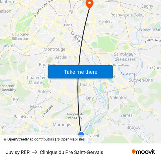 Juvisy RER to Clinique du Pré Saint-Gervais map