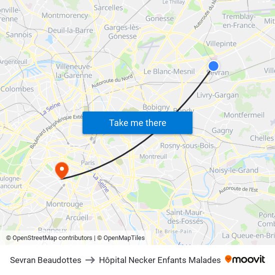 Sevran Beaudottes to Hôpital Necker Enfants Malades map