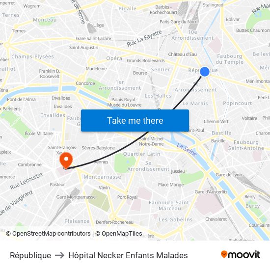 République to Hôpital Necker Enfants Malades map