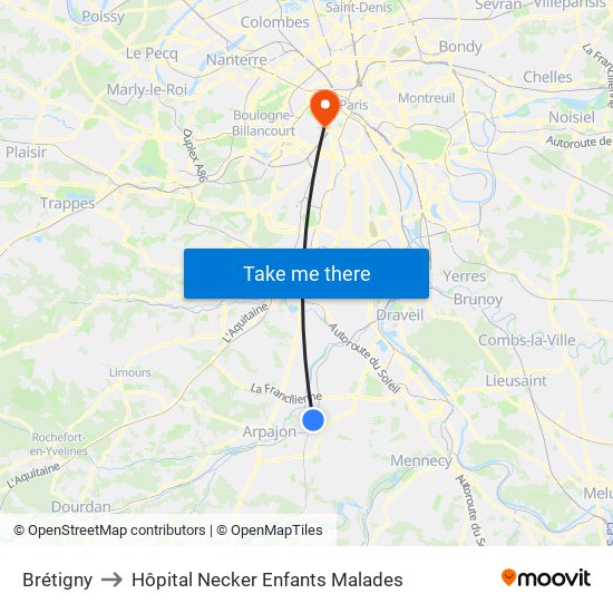 Brétigny to Hôpital Necker Enfants Malades map