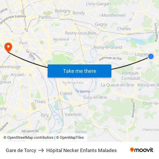 Gare de Torcy to Hôpital Necker Enfants Malades map