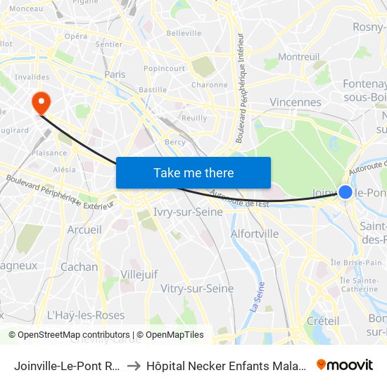 Joinville-Le-Pont RER to Hôpital Necker Enfants Malades map