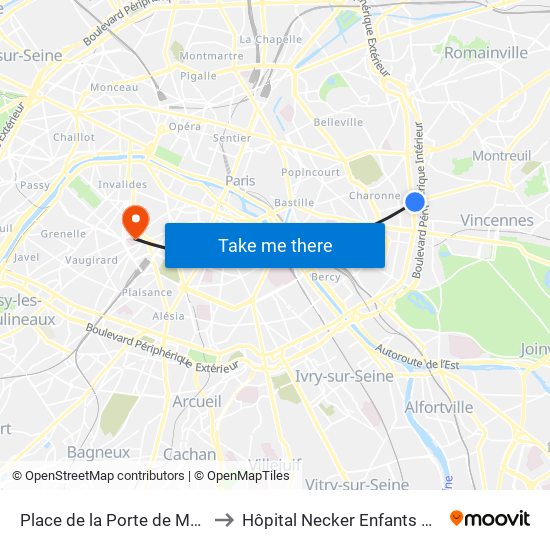 Place de la Porte de Montreuil to Hôpital Necker Enfants Malades map