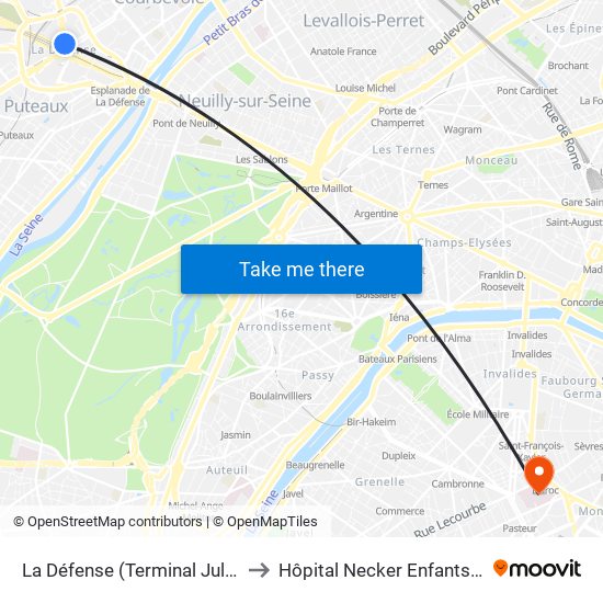 La Défense (Terminal Jules Verne) to Hôpital Necker Enfants Malades map