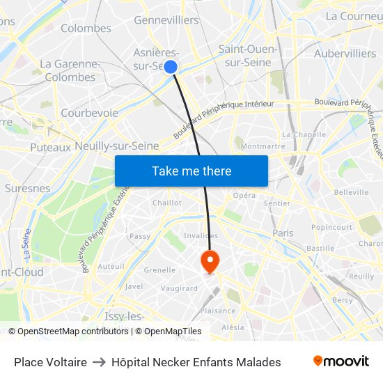Place Voltaire to Hôpital Necker Enfants Malades map