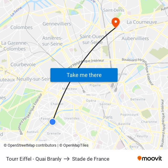 Tourr Eiffel - Quai Branly to Stade de France map