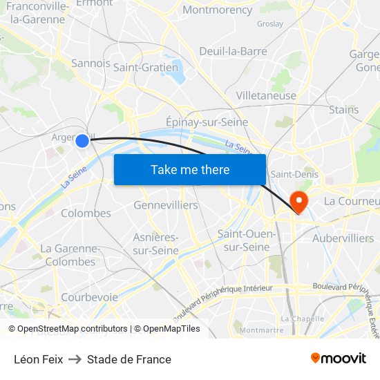 Léon Feix to Stade de France map