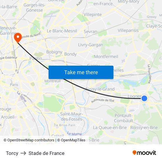 Torcy to Stade de France map