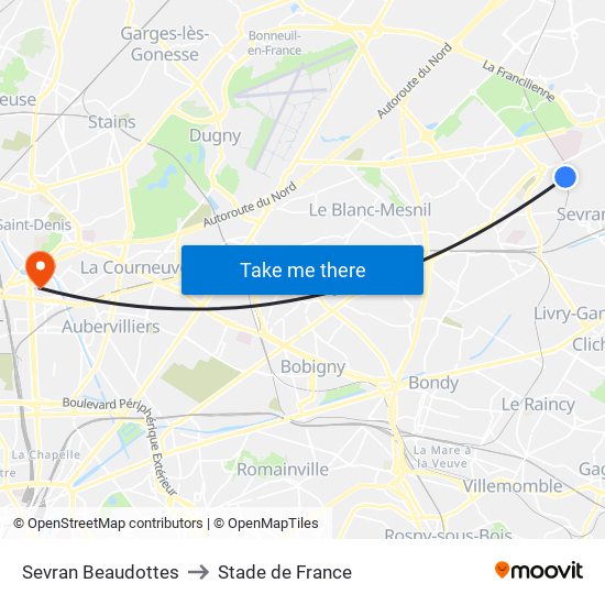 Sevran Beaudottes to Stade de France map