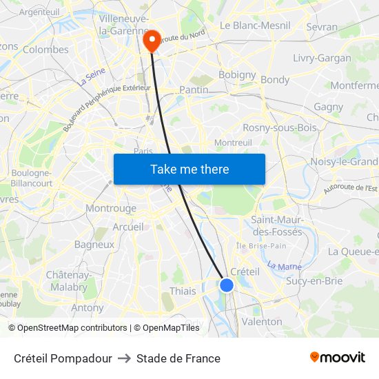 Créteil Pompadour to Stade de France map