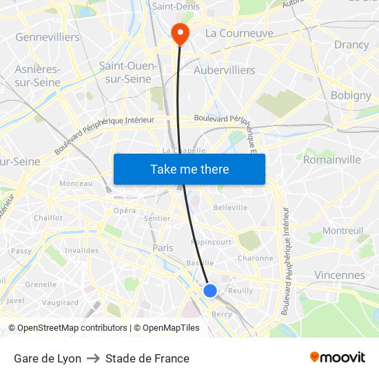 Gare de Lyon to Stade de France map