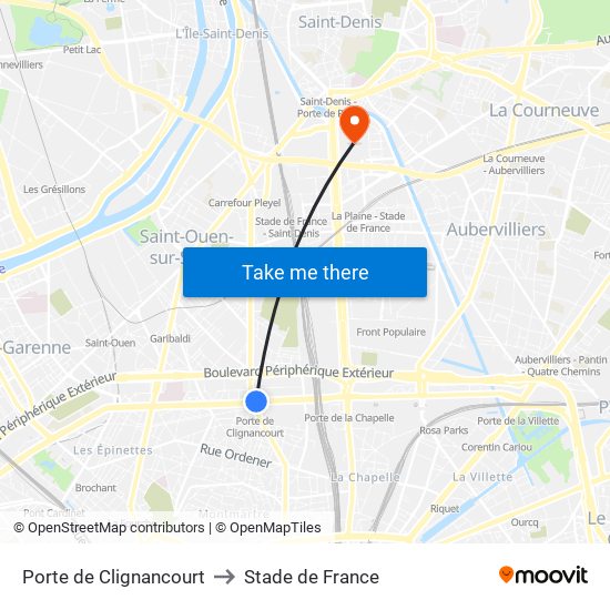 Porte de Clignancourt to Stade de France map