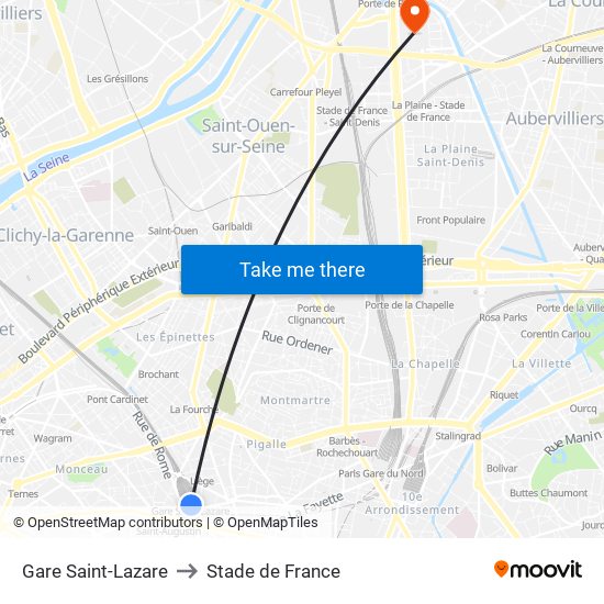 Gare Saint-Lazare to Stade de France map