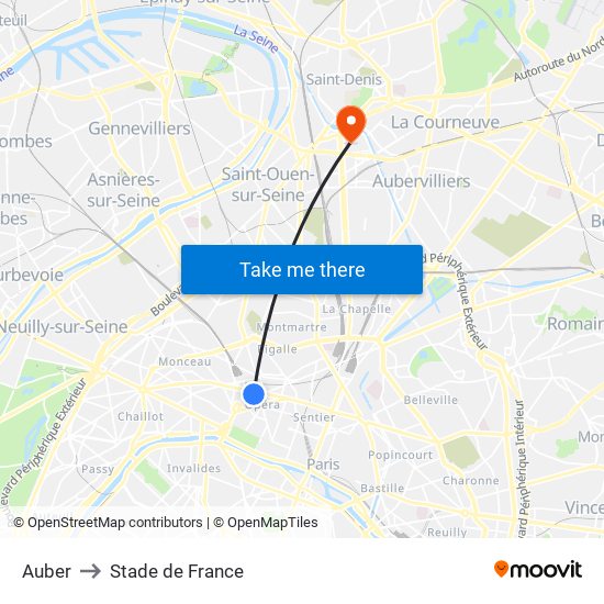 Auber to Stade de France map
