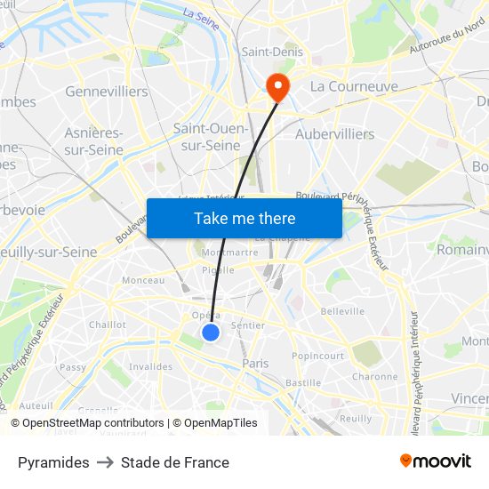 Pyramides to Stade de France map