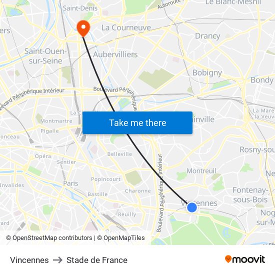 Vincennes to Stade de France map