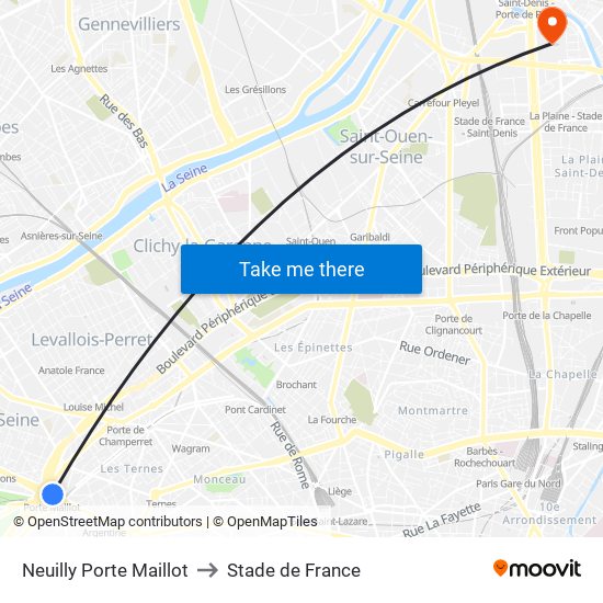 Neuilly Porte Maillot to Stade de France map