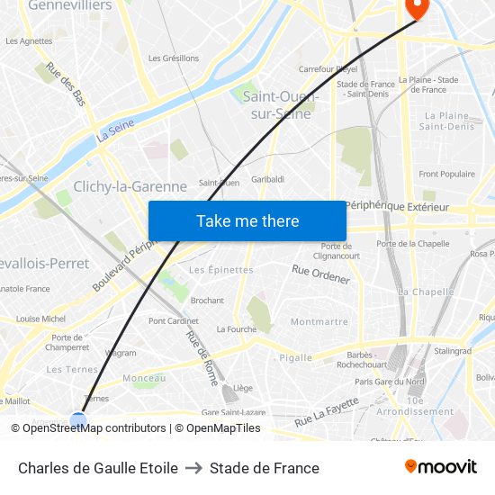 Charles de Gaulle Etoile to Stade de France map