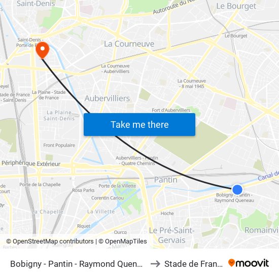 Bobigny - Pantin - Raymond Queneau to Stade de France map