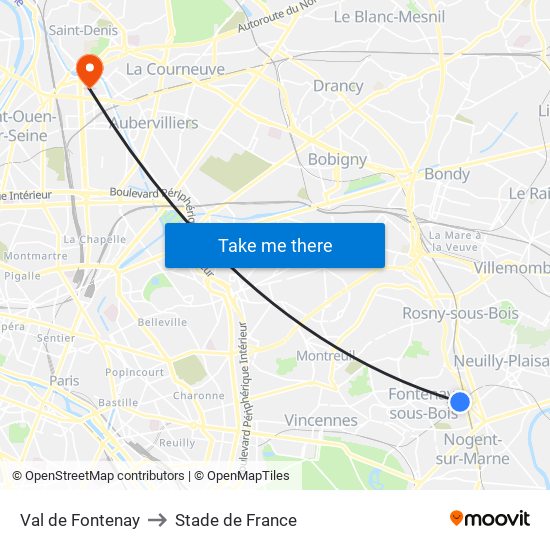 Val de Fontenay to Stade de France map