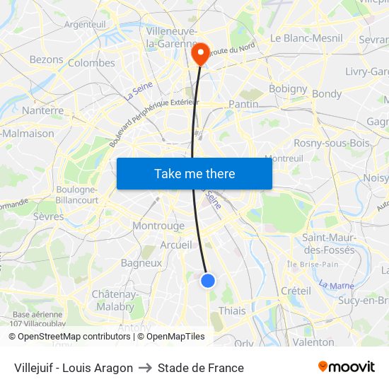 Villejuif - Louis Aragon to Stade de France map
