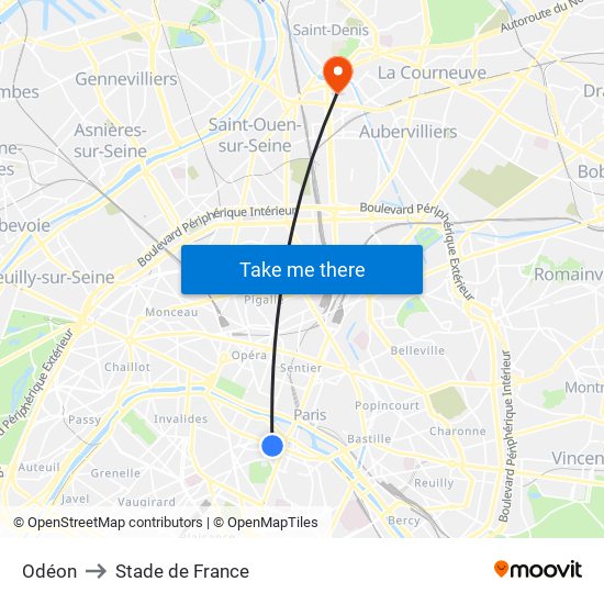 Odéon to Stade de France map