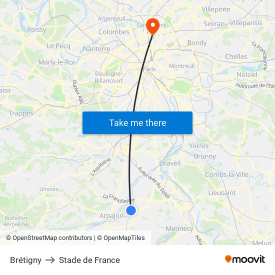 Brétigny to Stade de France map