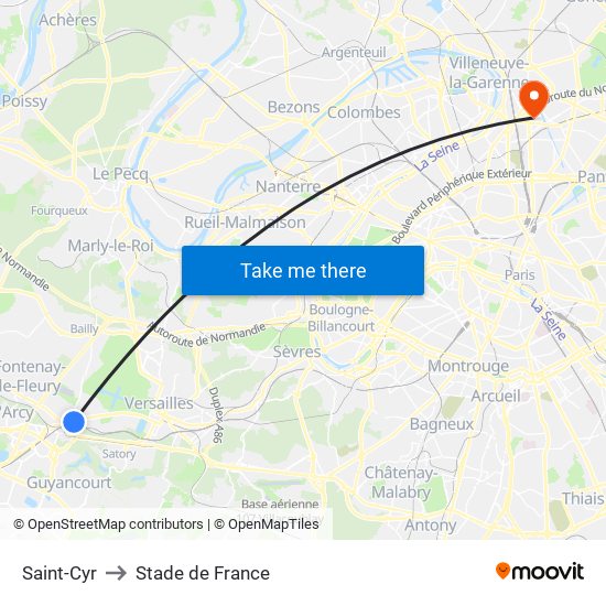 Saint-Cyr to Stade de France map