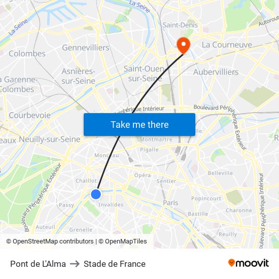 Pont de L'Alma to Stade de France map