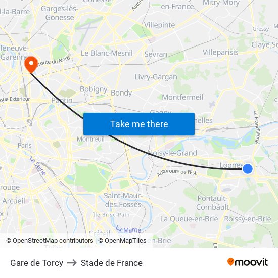 Gare de Torcy to Stade de France map