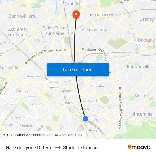 Gare de Lyon - Diderot to Stade de France map