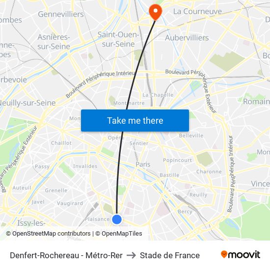 Denfert-Rochereau - Métro-Rer to Stade de France map