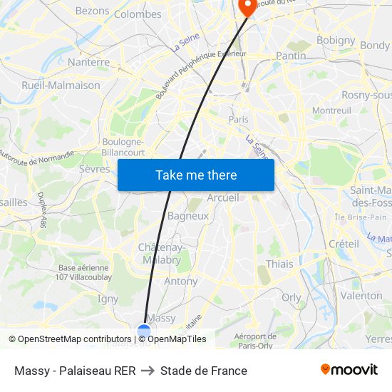 Massy - Palaiseau RER to Stade de France map
