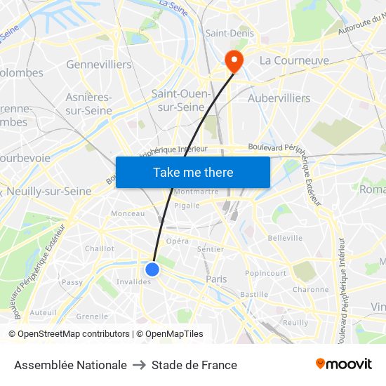 Assemblée Nationale to Stade de France map