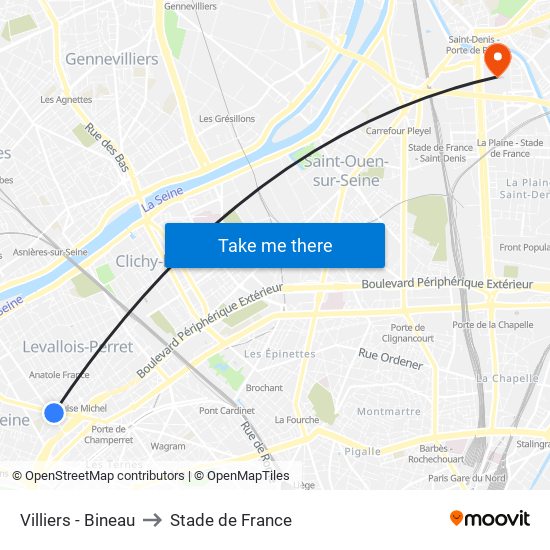 Villiers - Bineau to Stade de France map
