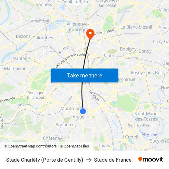 Stade Charléty (Porte de Gentilly) to Stade de France map