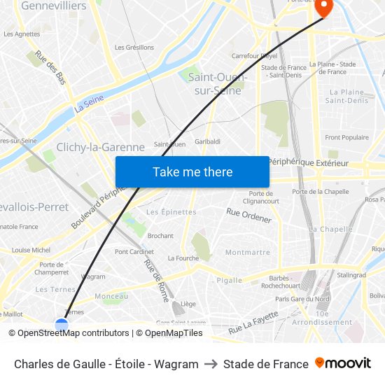 Charles de Gaulle - Étoile - Wagram to Stade de France map